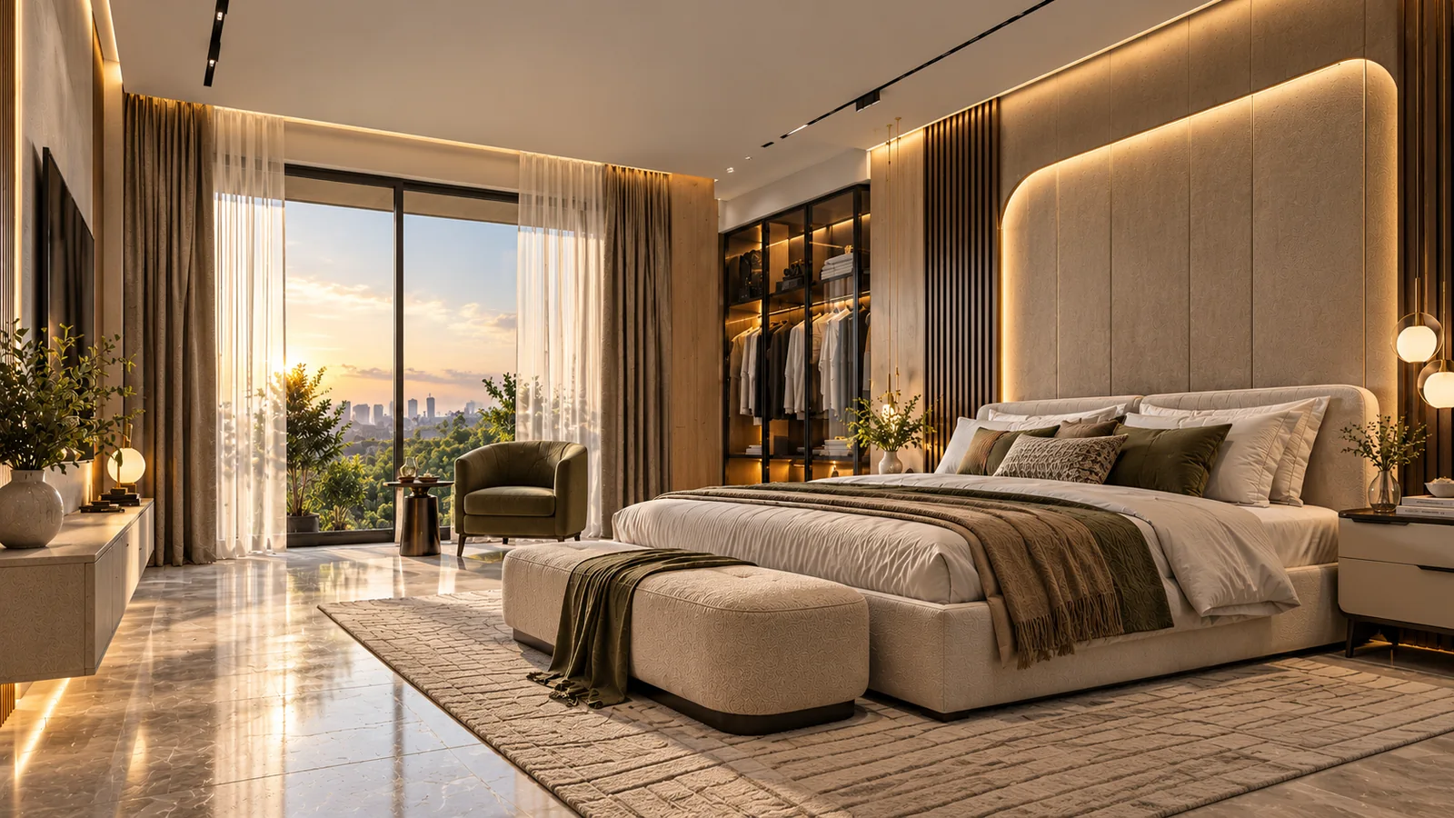 Contemporary bedroom interior with warm lighting