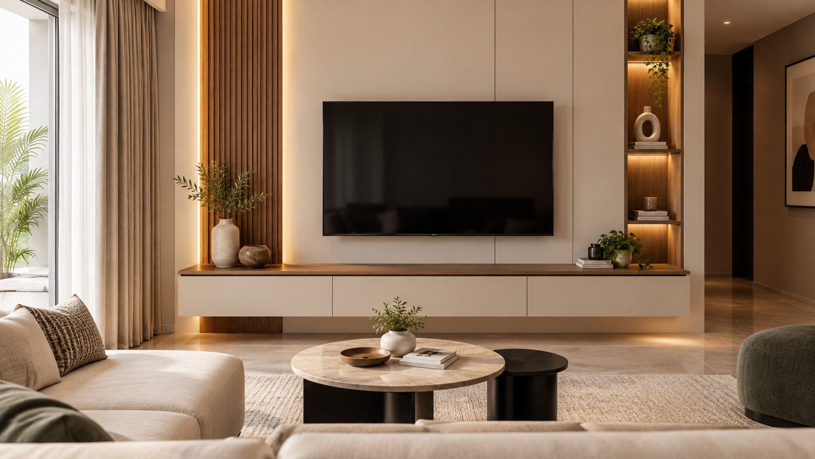 Modern living room with a wall-mounted TV and floating cabinet