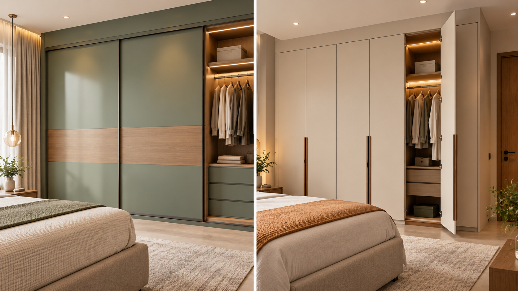 Sliding and hinged wardrobe designs side by side